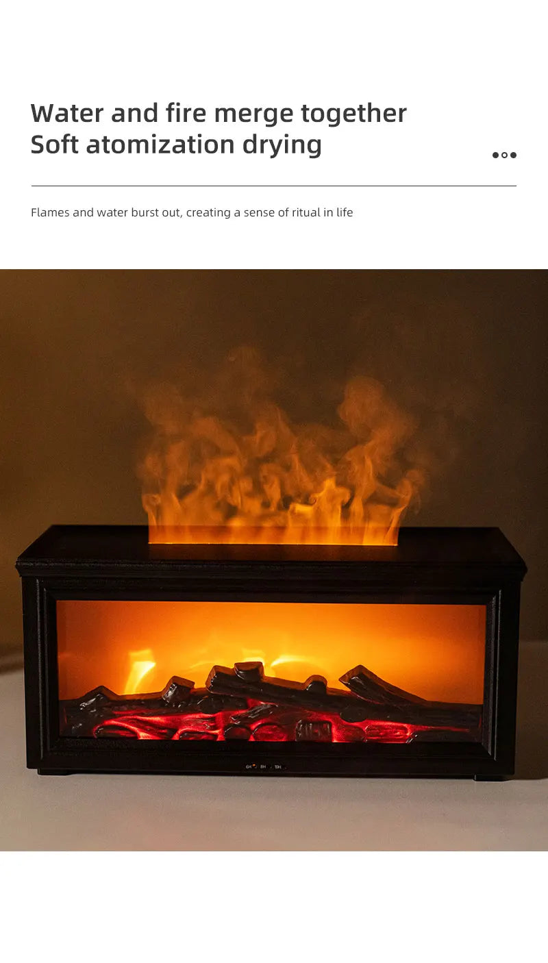 Home Sweet Home Flame Aromatherapy Diffuser and Humidifier with glowing LED light and sleek modern design.