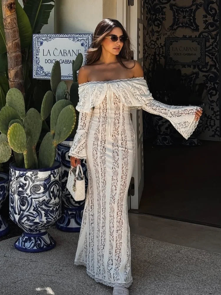 Lace Flare Sleeve Off-Shoulder Maxi Dress – Elegant Mermaid Floor-Length Gown