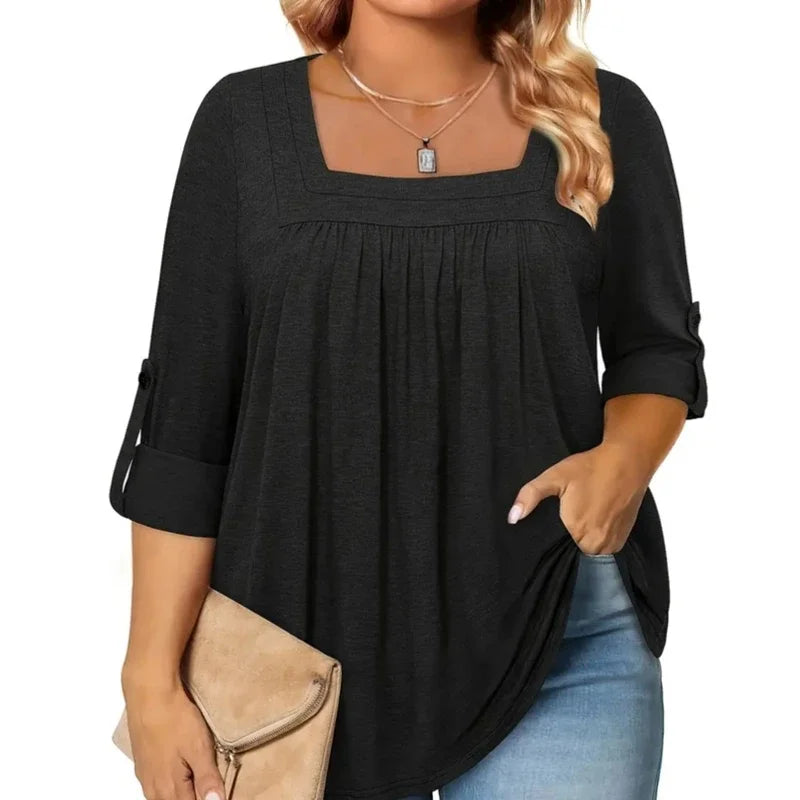Plus Size Square Neck Button-Detail Blouse Shirt