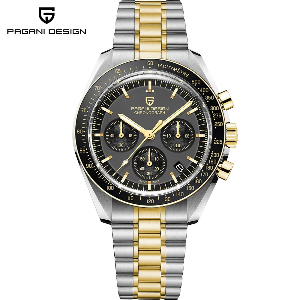PAGANI DESIGN Moonwatch chronograph watch with black dial, silver case, and leather strap, displayed on a white background