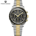 PAGANI DESIGN Moonwatch chronograph watch with black dial, silver case, and leather strap, displayed on a white background