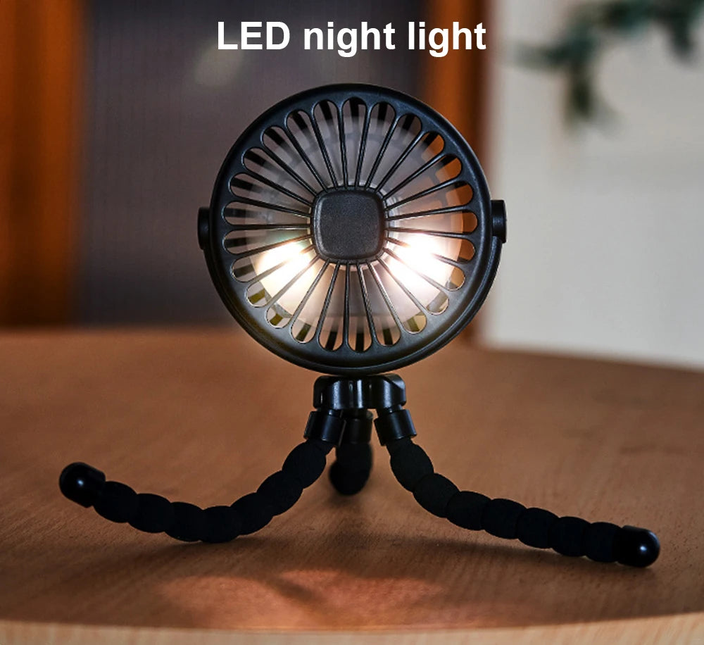 Home Sweet Home portable mini clip fan with USB rechargeability and 360° flexible tripod, showing the compact fan with clip attachment.
