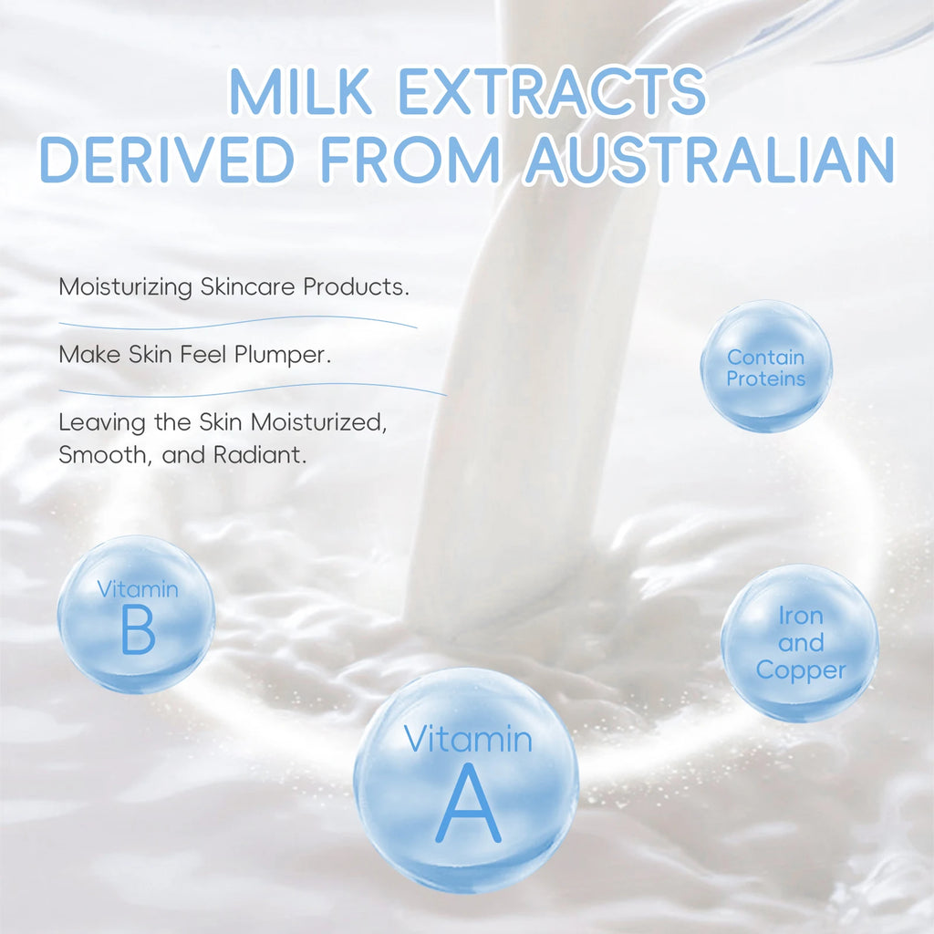 Home Sweet Home Milk Glow Skincare Set featuring gentle cleansers, serums, and moisturizers in a neatly arranged collection.