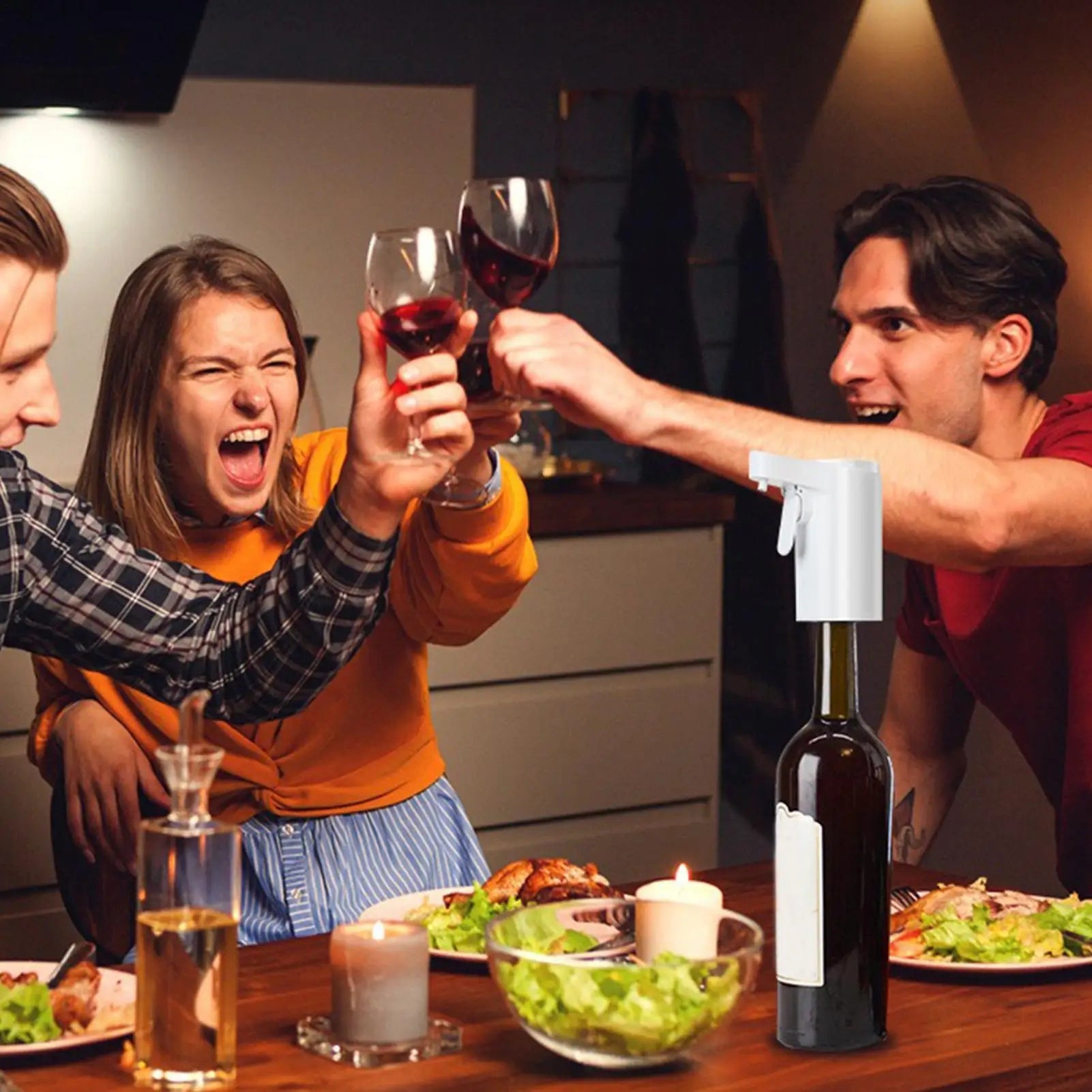 Electric wine aerator and dispenser with touch screen, four pouring modes, by Home Sweet Home, showing sleek design and functional features.