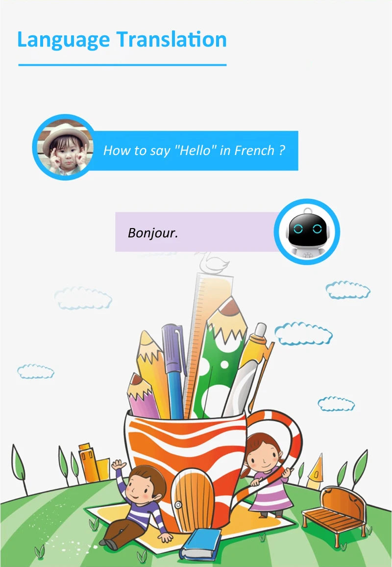 Home Sweet Home Smart AI Robot with voice interaction, educational features, ChatGPT, and support for 61 languages in a sleek design.