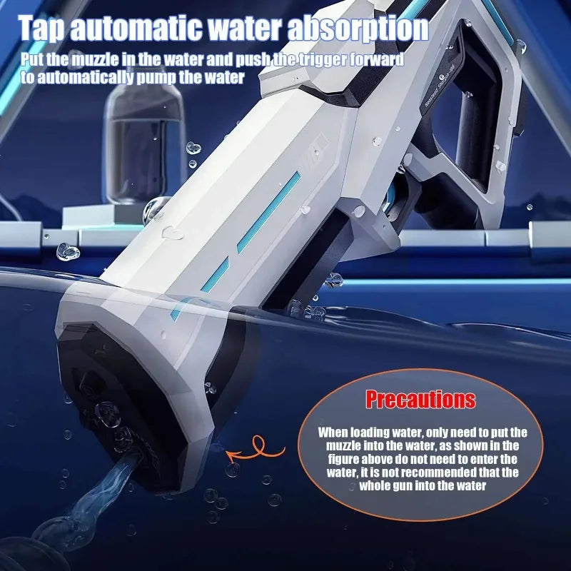 Electric water gun by Home Sweet Home, high-pressure automatic soaker for kids and adults, with colorful design and water spray visible.