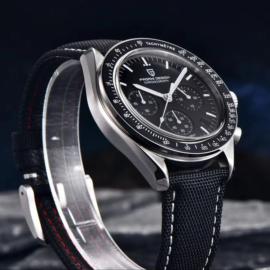 Home Sweet Home Pagani Design Moonwatch Chronograph Watch with black dial, stainless steel band, and multiple subdials.