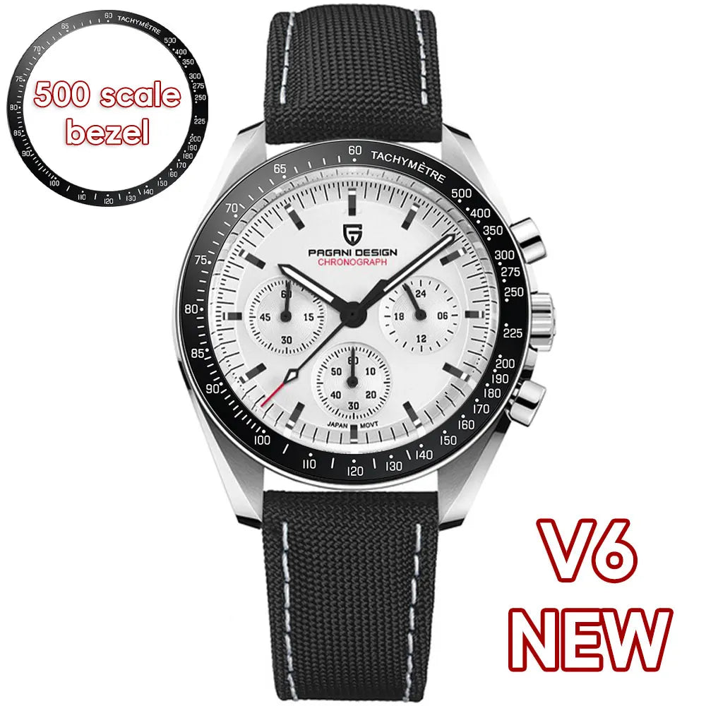 Home Sweet Home Pagani Design Moonwatch Chronograph Watch with black dial and stainless steel band, detailed close-up image.
