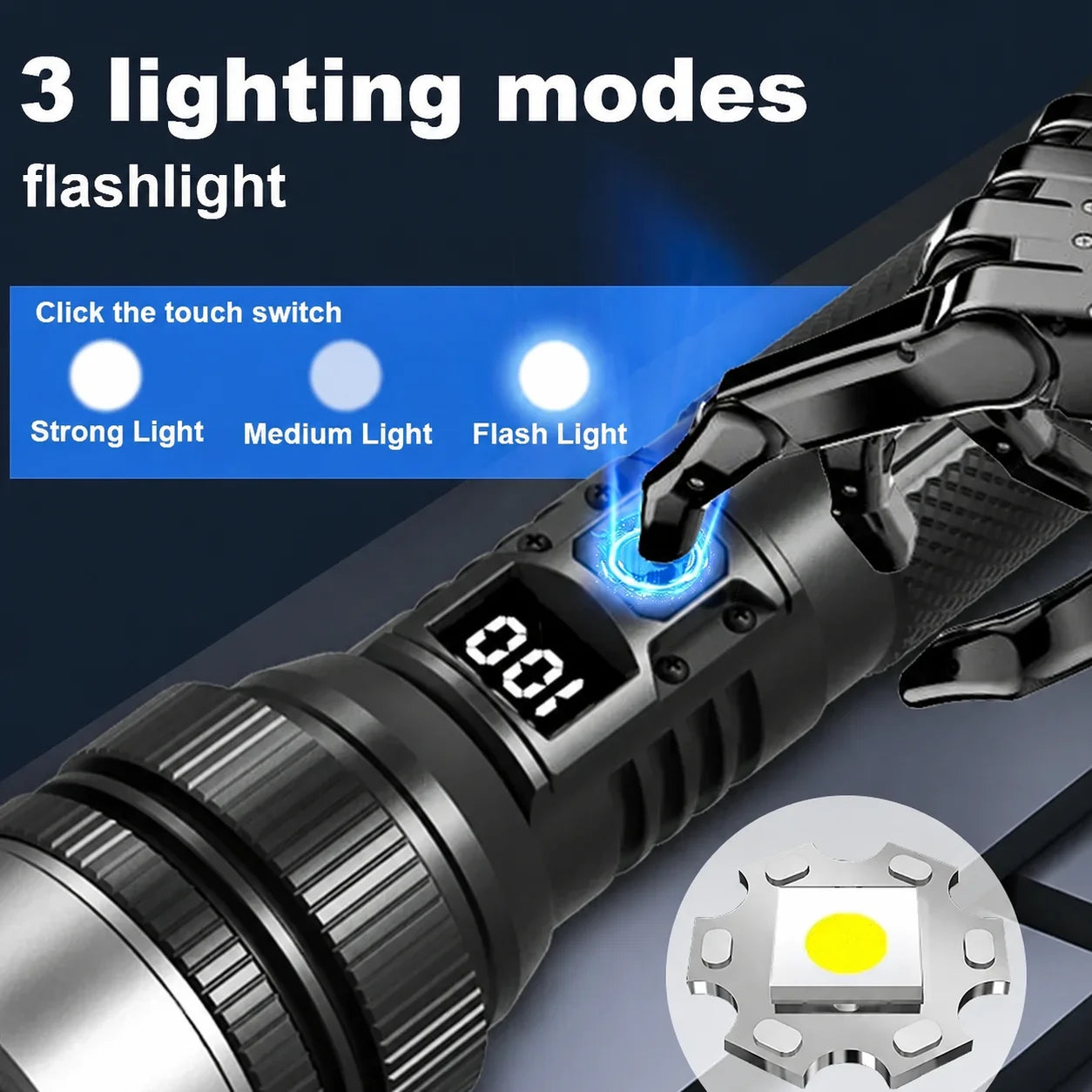 Super Bright Rechargeable LED Torch – Zoomable, Waterproof & Digital Display