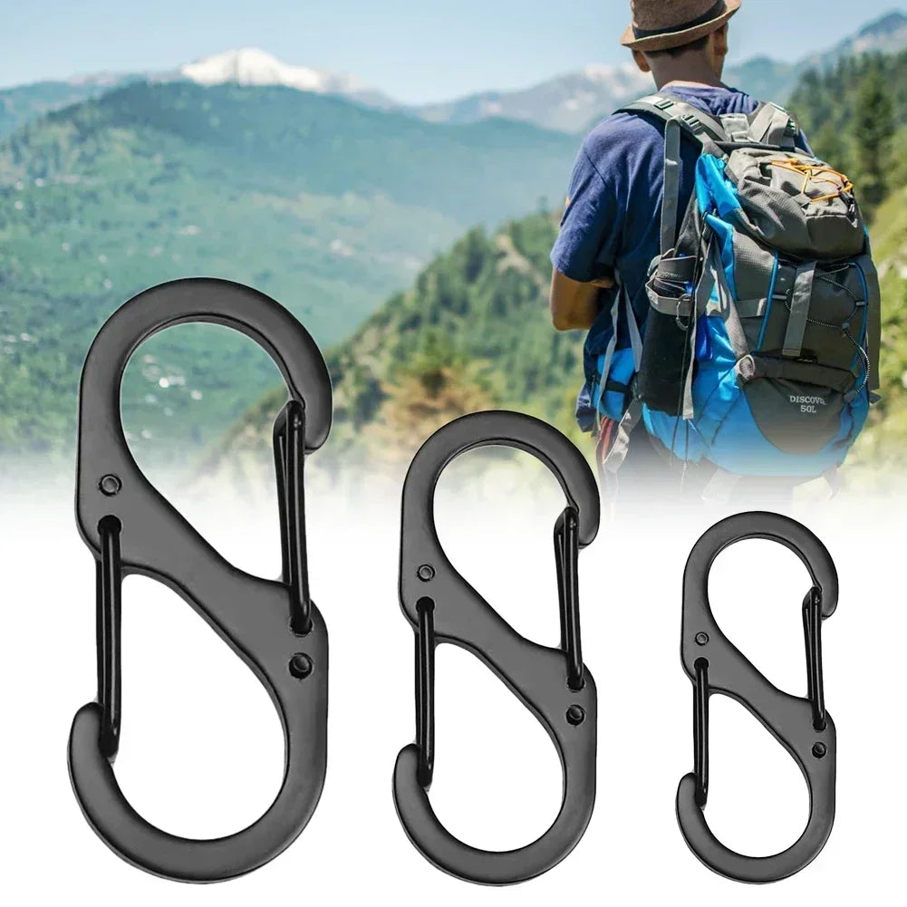 Set of ten stainless steel S-type carabiner clips, durable and versatile for outdoor, camping, or keychain use.
