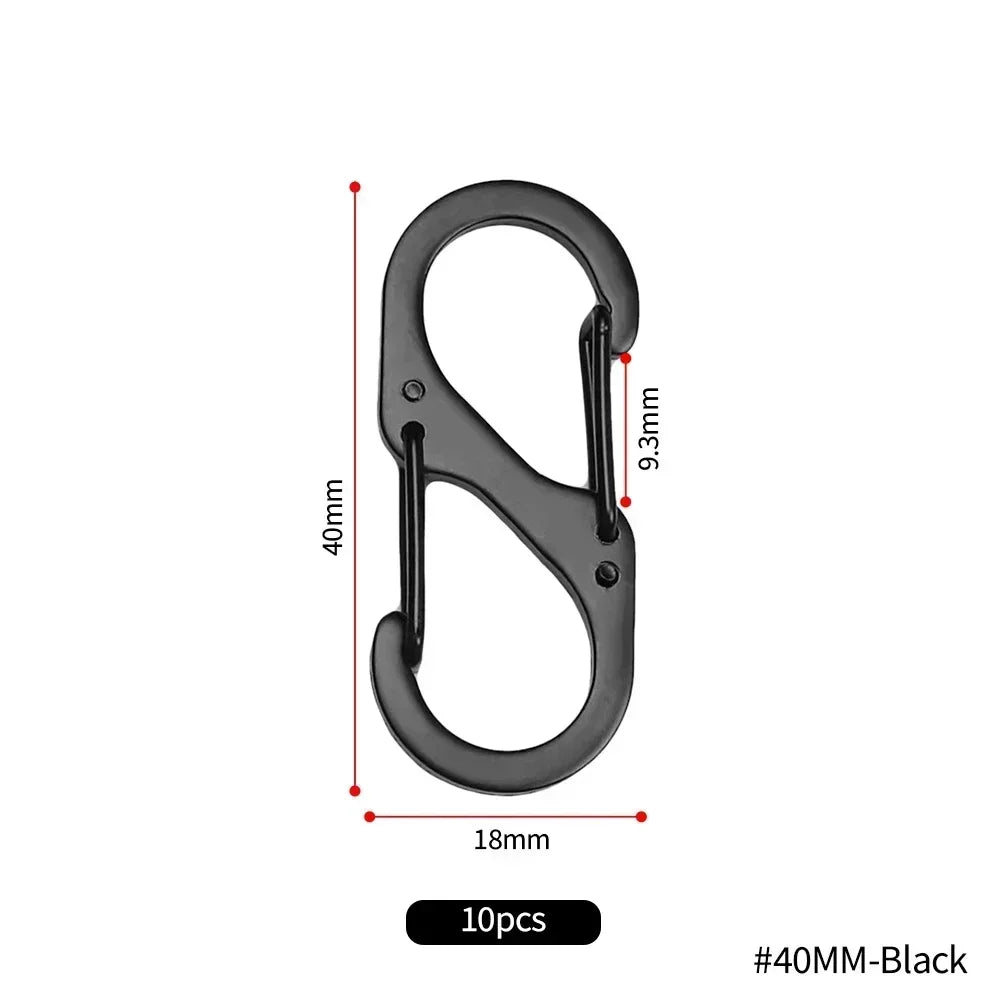 Set of ten stainless steel S-type carabiner clips by Home Sweet Home, showcasing durable metal connectors for outdoor or keyring use.