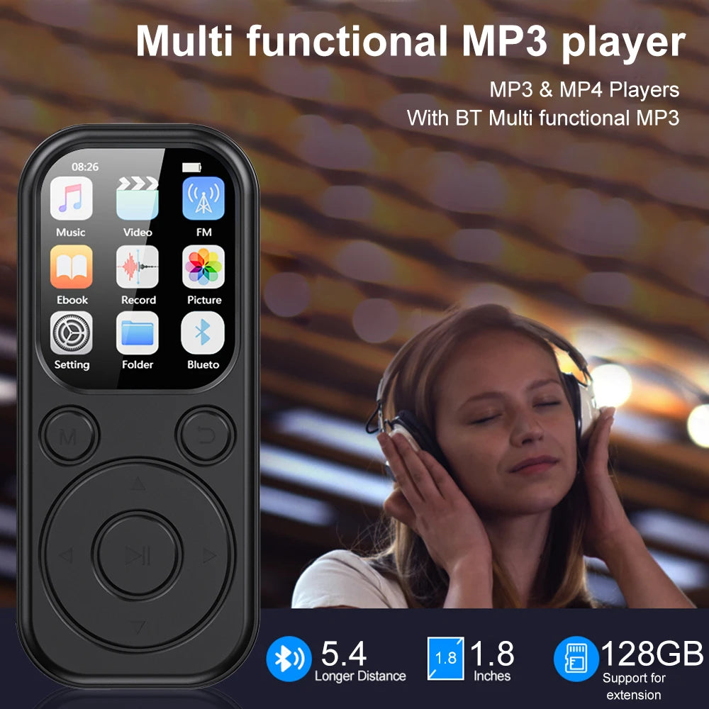 Home Sweet Home slim MP3 player with Bluetooth 5.4, FM radio, eBook reader, and voice recorder in a compact design.