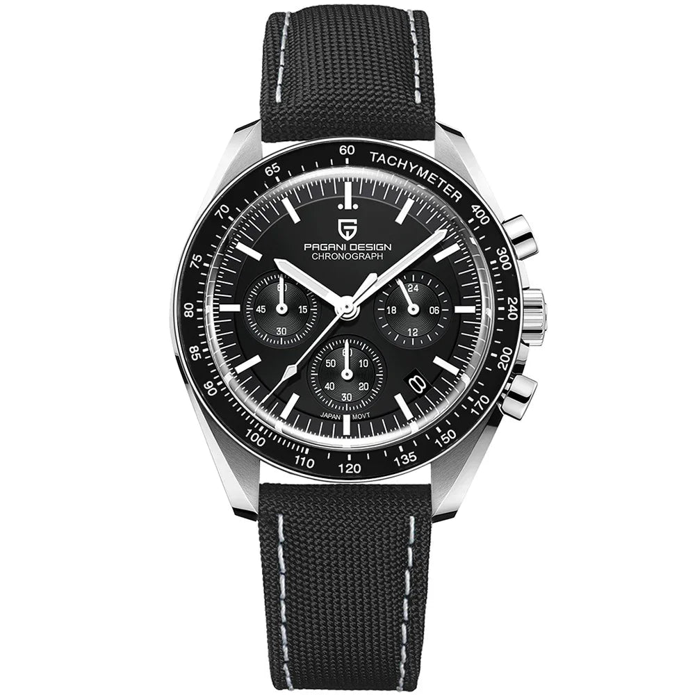 Home Sweet Home PAGANI DESIGN Moonwatch Chronograph Watch with black dial, silver case, and leather strap on a white background.