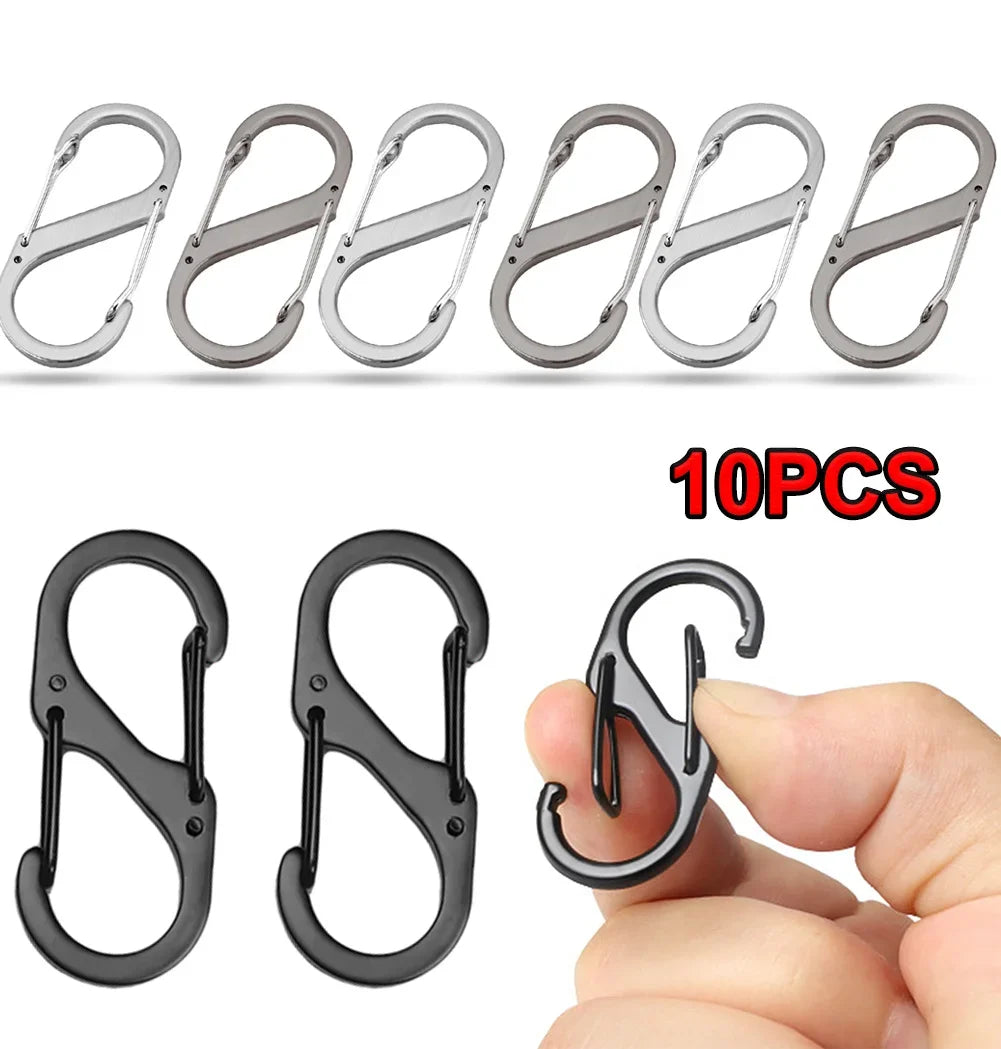 Set of ten stainless steel S-type carabiner clips by Home Sweet Home, showing sturdy, shiny metal clips suitable for various uses.