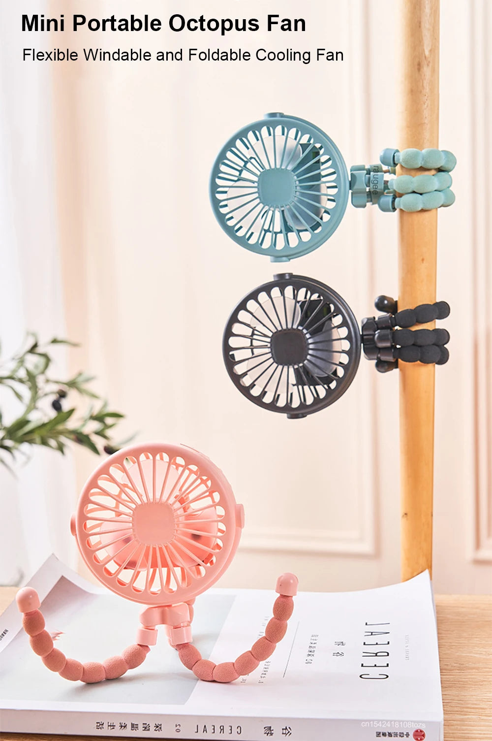 Home Sweet Home portable mini clip fan with USB recharge, 360° flexible tripod, shown clipped onto a desk surface.