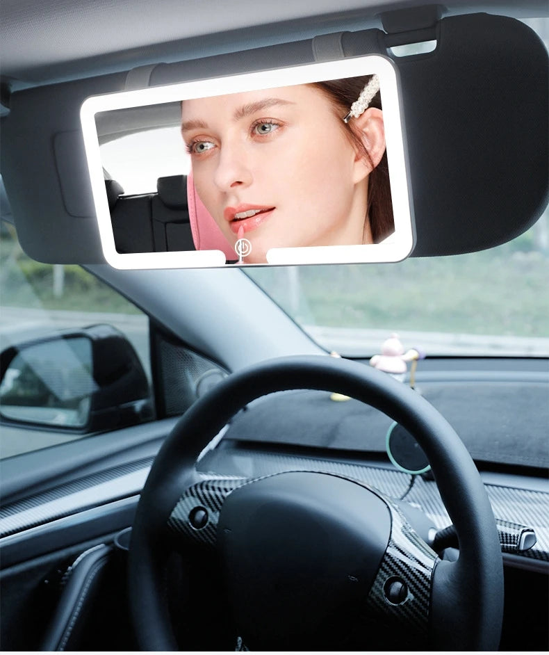 LED rechargeable car sun visor vanity mirror with built-in lighting, compact and easy to use for on-the-go makeup touch-ups.