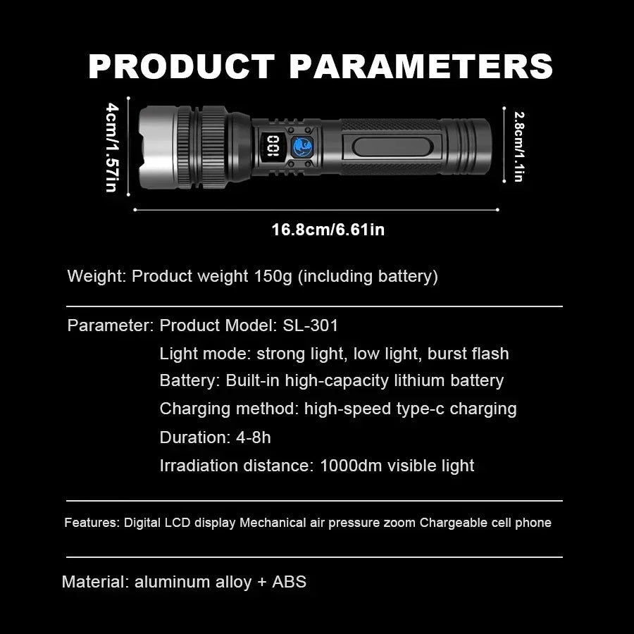 Super Bright Rechargeable LED Torch – Zoomable, Waterproof & Digital Display