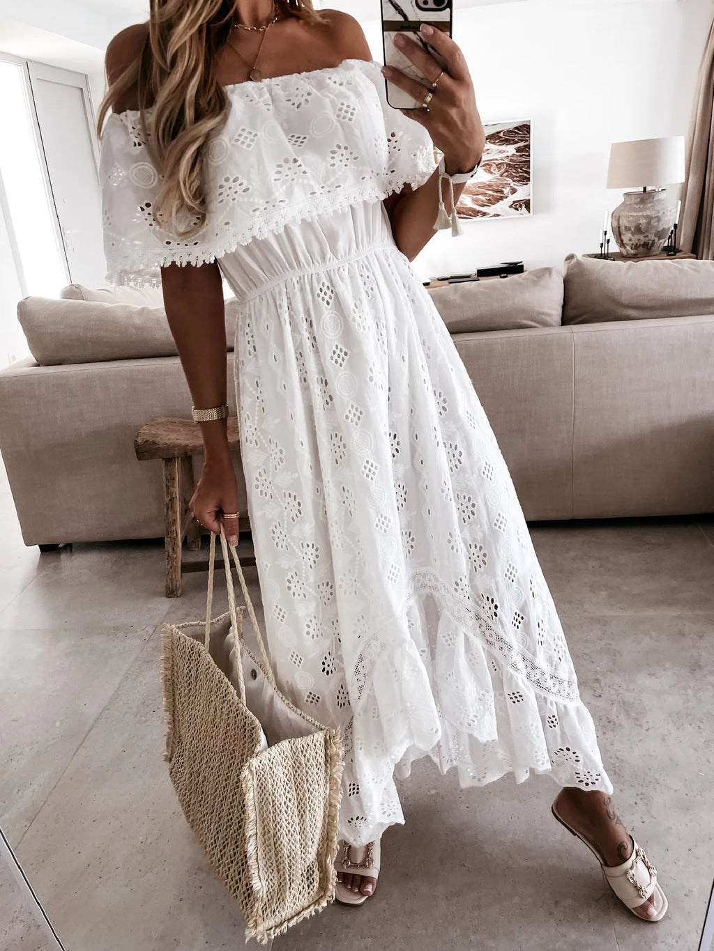 Bohemian Lace Maxi Dress — Strapless, High Waist, Tassel Hem