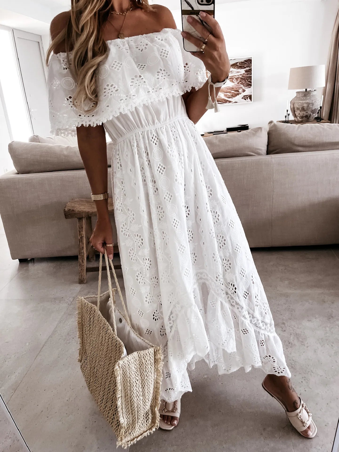 Bohemian Lace Maxi Dress — Strapless, High Waist, Tassel Hem