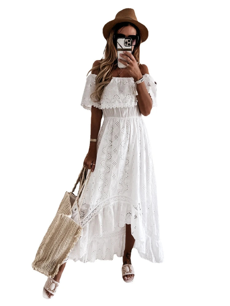 Bohemian Lace Maxi Dress — Strapless, High Waist, Tassel Hem