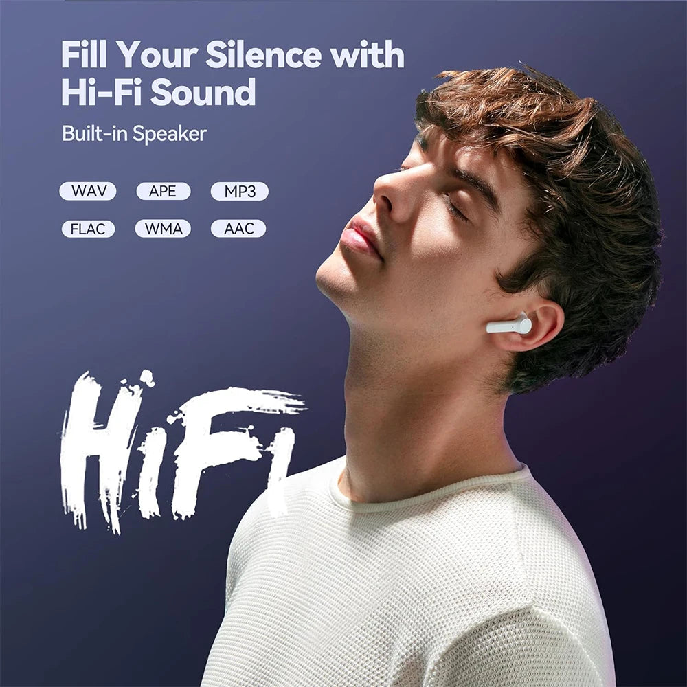 Slim Home Sweet Home MP3 player with Bluetooth 5.4, FM radio, eBook reader, and voice recorder, shown with display and control buttons.
