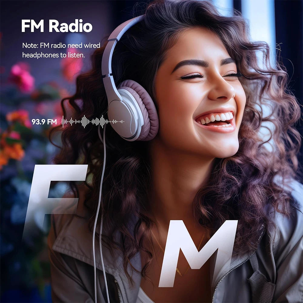 Slim Home Sweet Home MP3 player with Bluetooth 5.4, FM radio, eBook reader, and voice recorder display.
