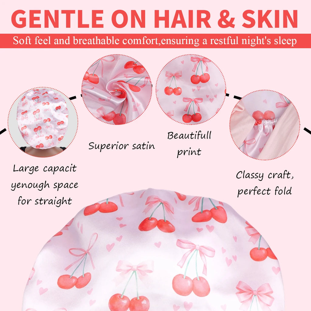 Satin Sleep Bonnet — Cherry Pattern Night Cap with Bow ONLY 2 LEFT
