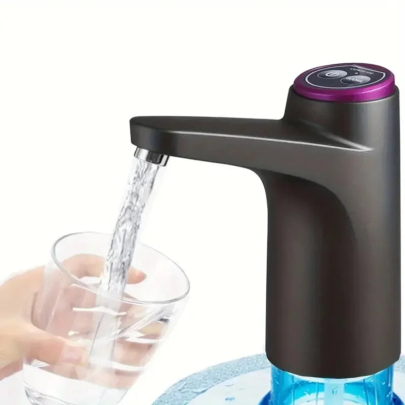 Portable 5-gallon water dispenser pump with USB charging, black plastic body, and easy manual pump operation for water bottles.