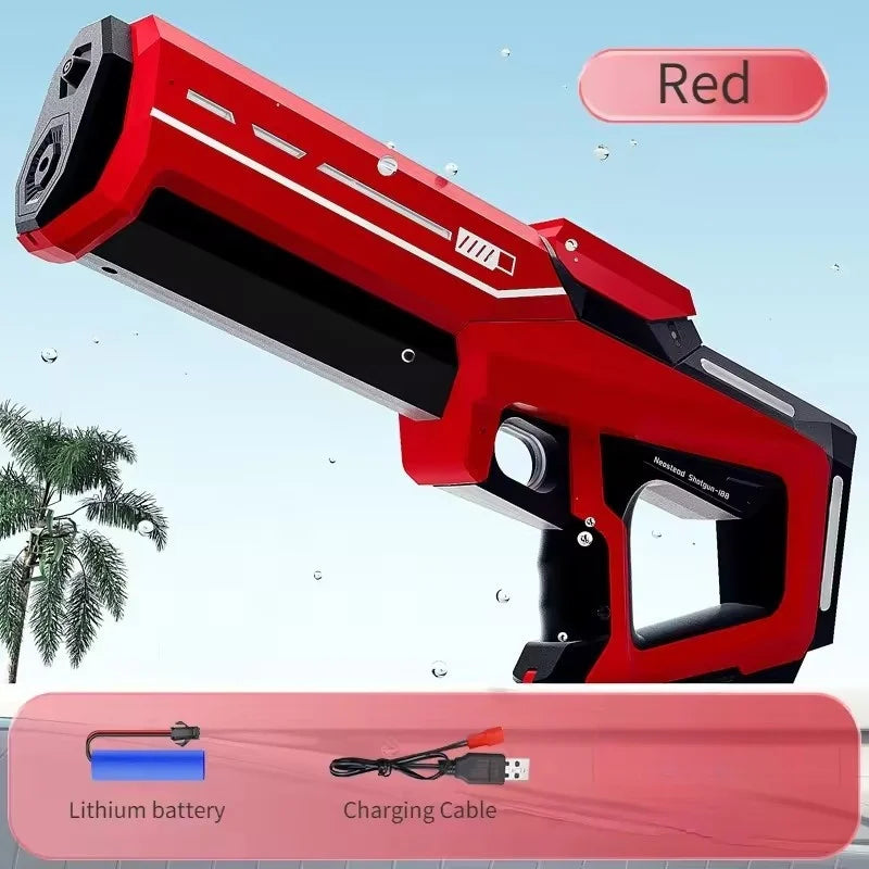 Home Sweet Home electric water gun, high-pressure automatic soaker for kids and adults, colorful plastic design with trigger and water nozzle.