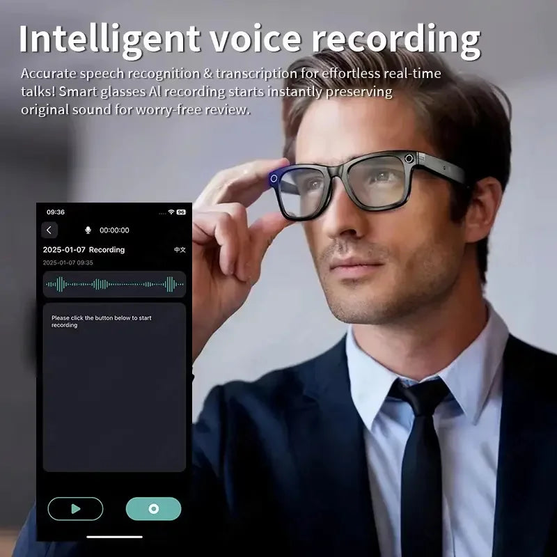 Home Sweet Home AI Smart Glasses with 8MP camera, Bluetooth, multilingual support, and ChatGPT 4.0 for enhanced communication.