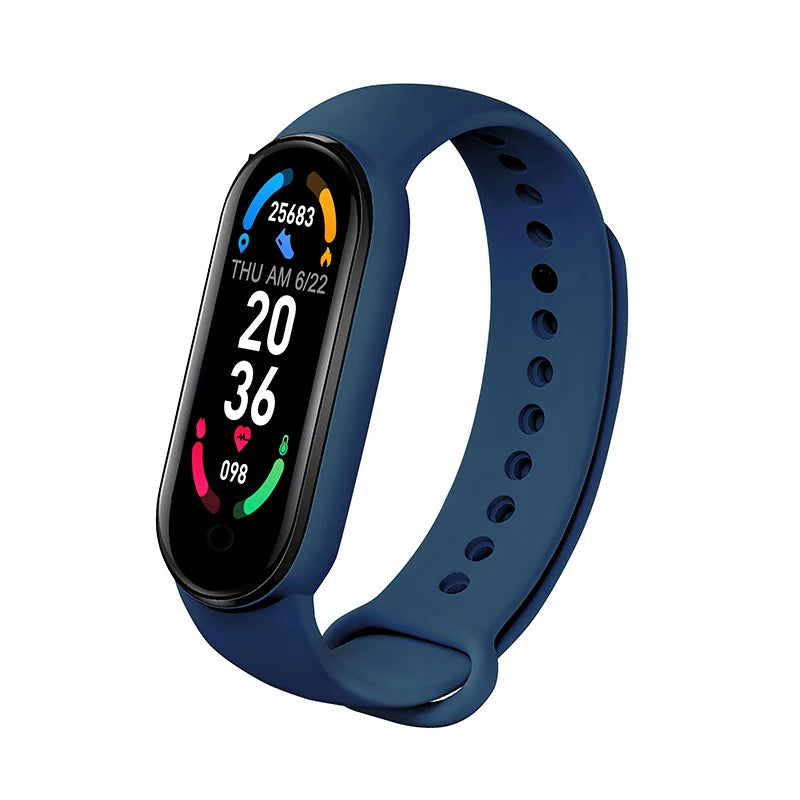 Smart fitness bracelet by Home Sweet Home with a sleek black band and digital display showing activity stats.