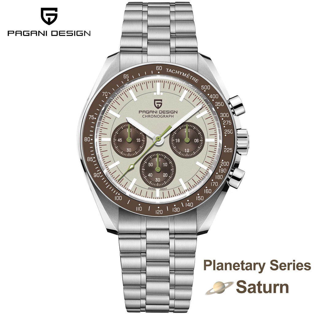 Home Sweet Home Pagani Design Moonwatch Chronograph Watch with black dial, stainless steel case, and multiple sub-dials.