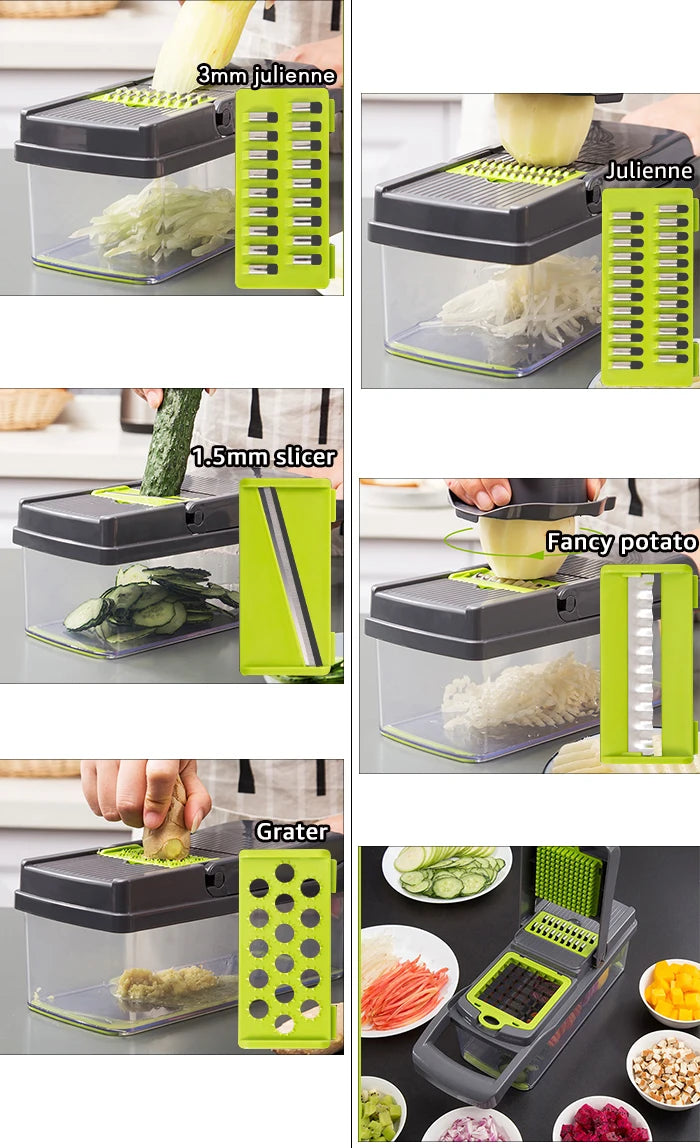 Home Sweet Home multifunctional vegetable chopper with stainless steel blades and colorful container for easy food prep.