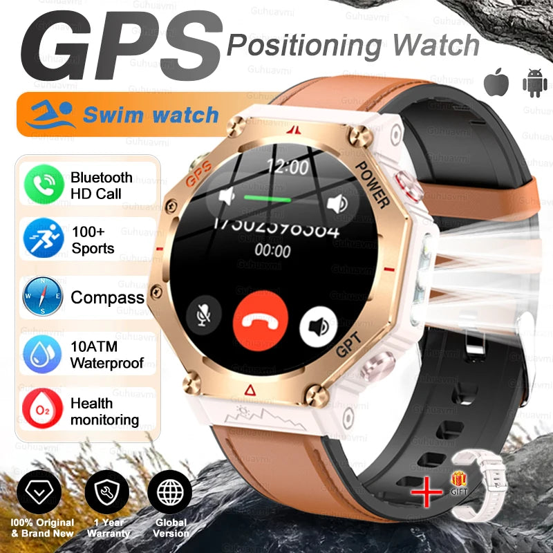 Military Grade GPS Smart Watch – IP69K/10ATM Waterproof AMOLED, 100+ Sports Modes, HD Bluetooth Calls