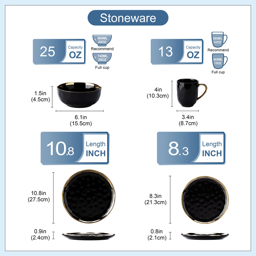 LOVECASA Black Porcelain Dinnerware Set with Gold Trim – 16 & 32 Piece