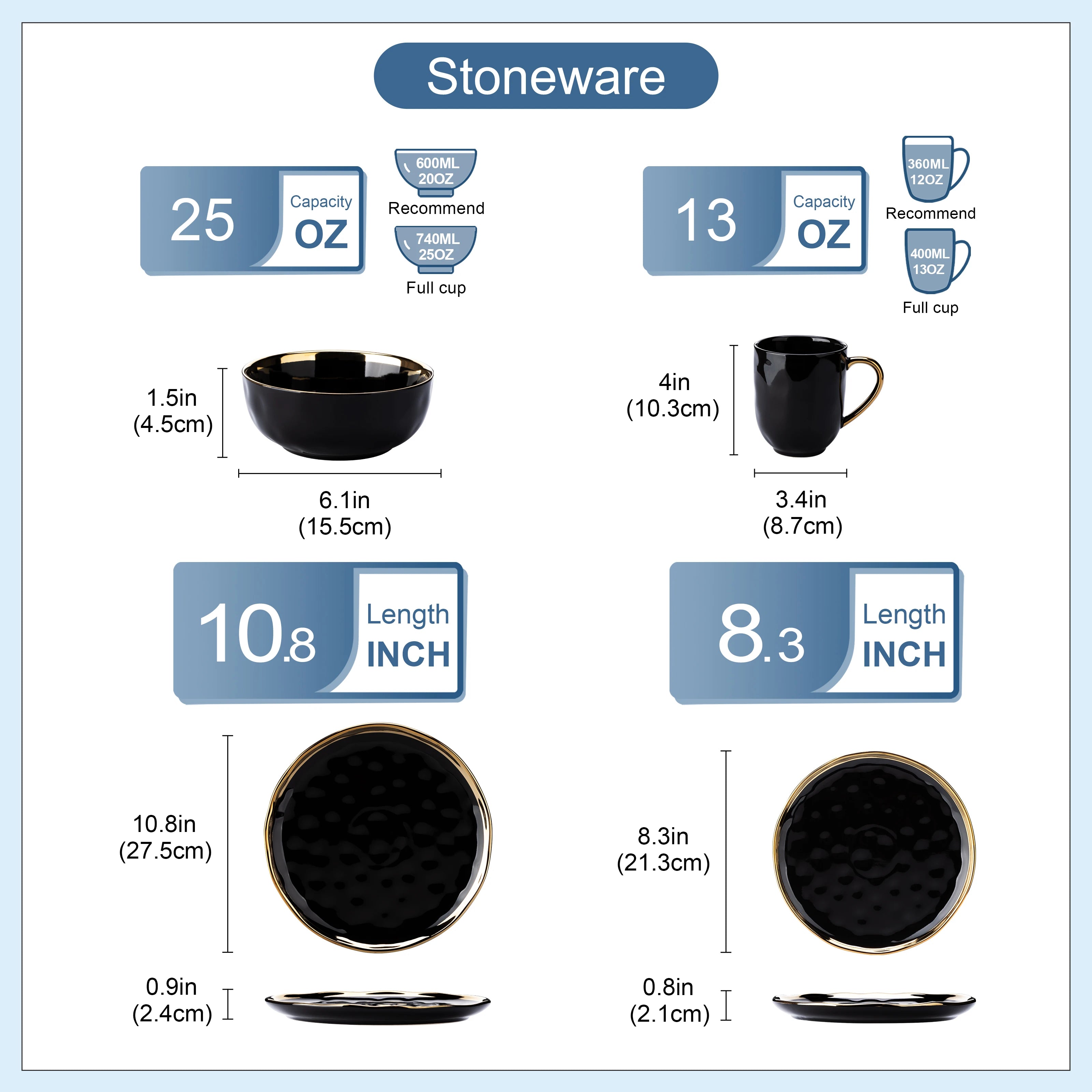 LOVECASA Black Porcelain Dinnerware Set with Gold Trim – 16 & 32 Piece