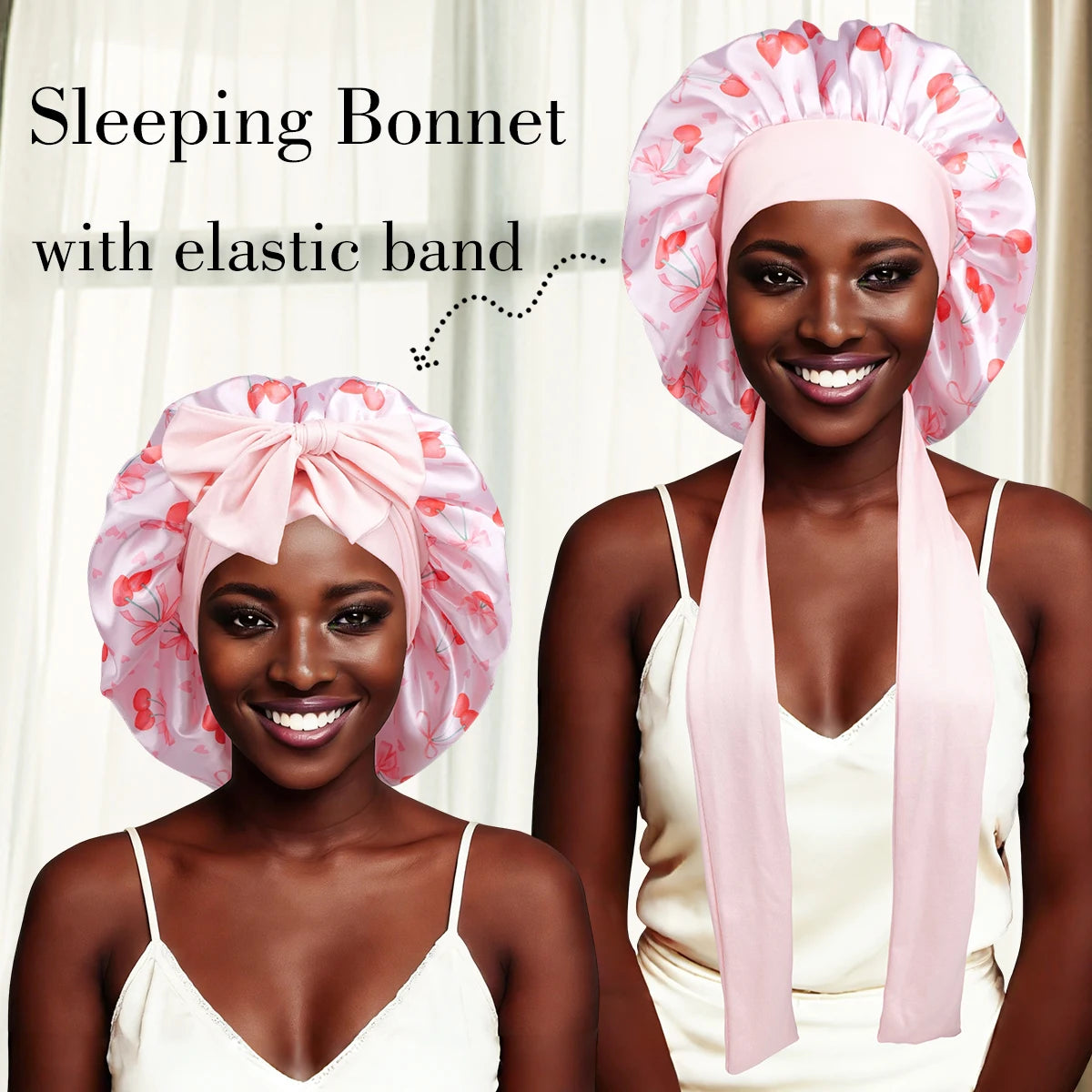 Satin Sleep Bonnet — Cherry Pattern Night Cap with Bow ONLY 2 LEFT