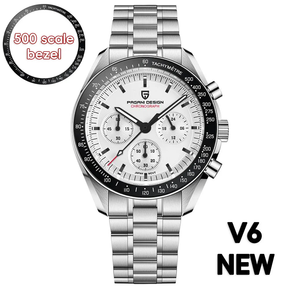 PAGANI DESIGN Moonwatch chronograph watch with black dial, stainless steel band, and multiple subdials, displayed on a white background.