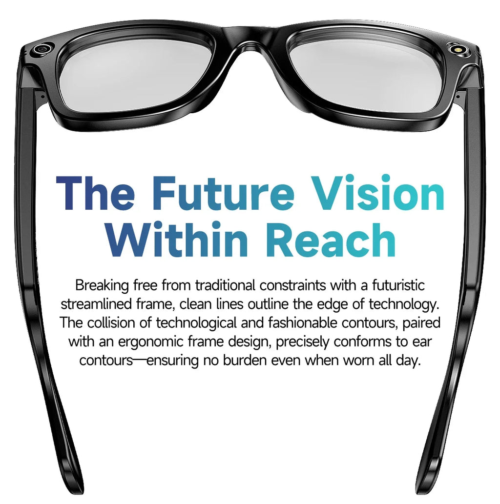 Home Sweet Home AI Smart Glasses with 8MP camera, Bluetooth, multilingual support, and ChatGPT 4.0 features, shown on a user.