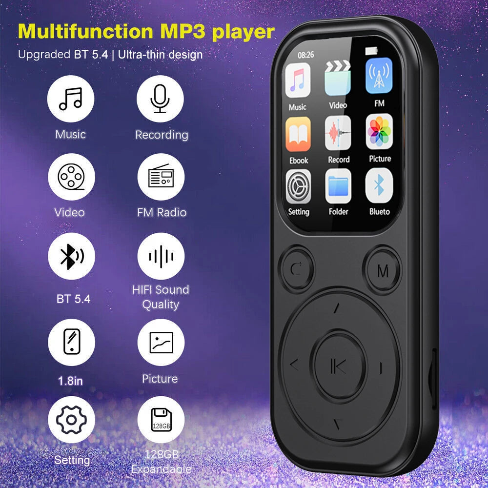 Slim Home Sweet Home MP3 Player with Bluetooth 5.4, FM radio, eBook reader, and voice recorder on a sleek black device.