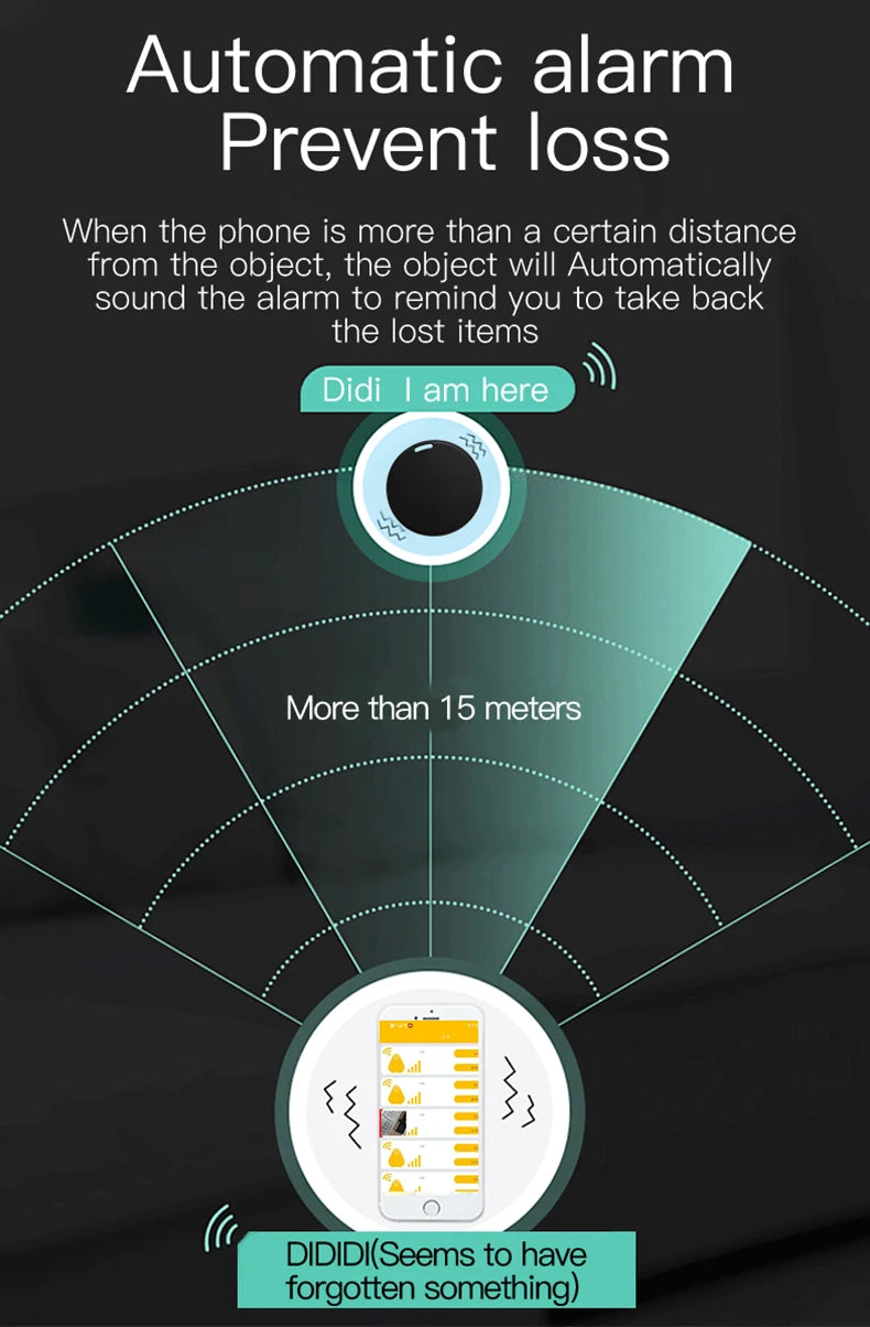 Bluetooth key finder and item tracker by Home Sweet Home showing a compact device attached to keys with a smartphone app interface.