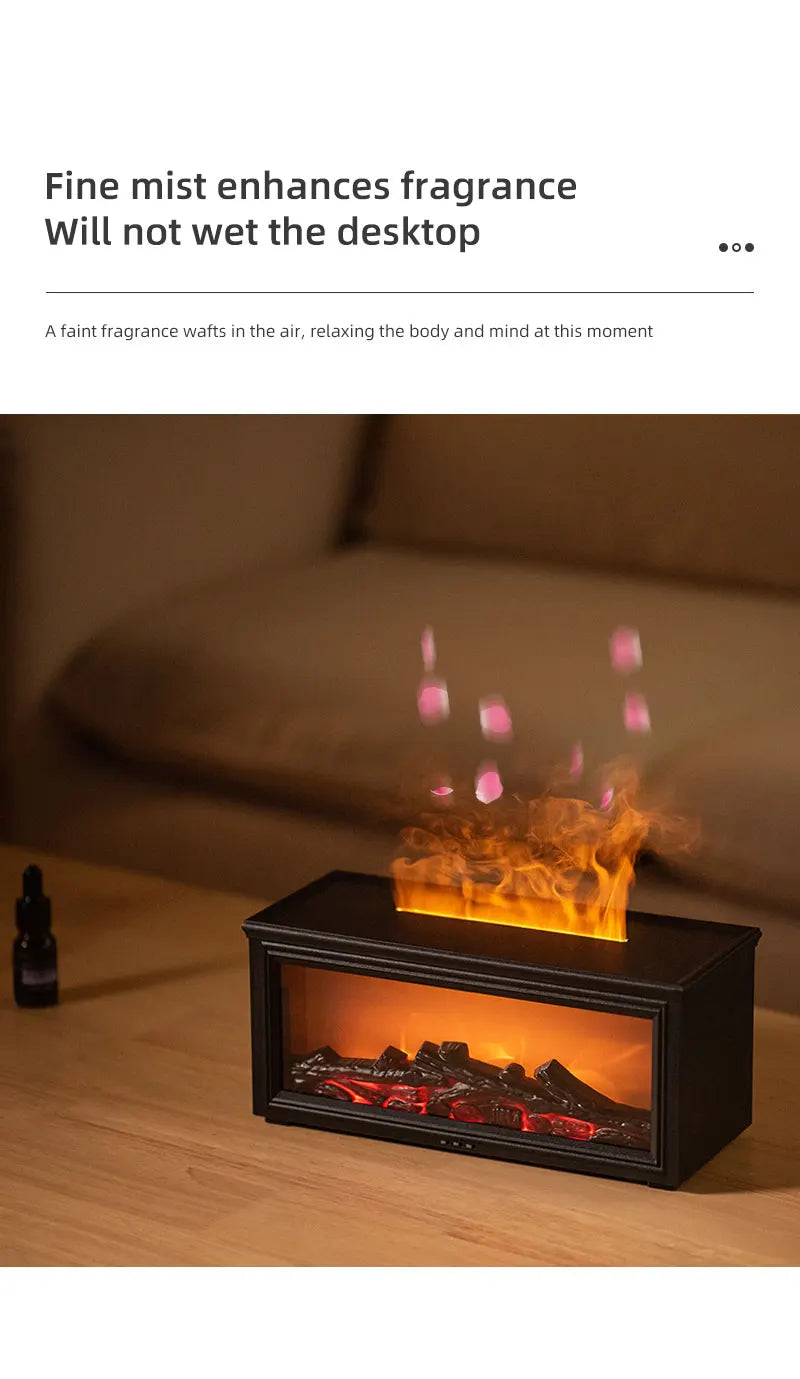 Home Sweet Home Flame Aromatherapy Diffuser and Humidifier with glowing LED light and mist output, placed on a wooden surface.