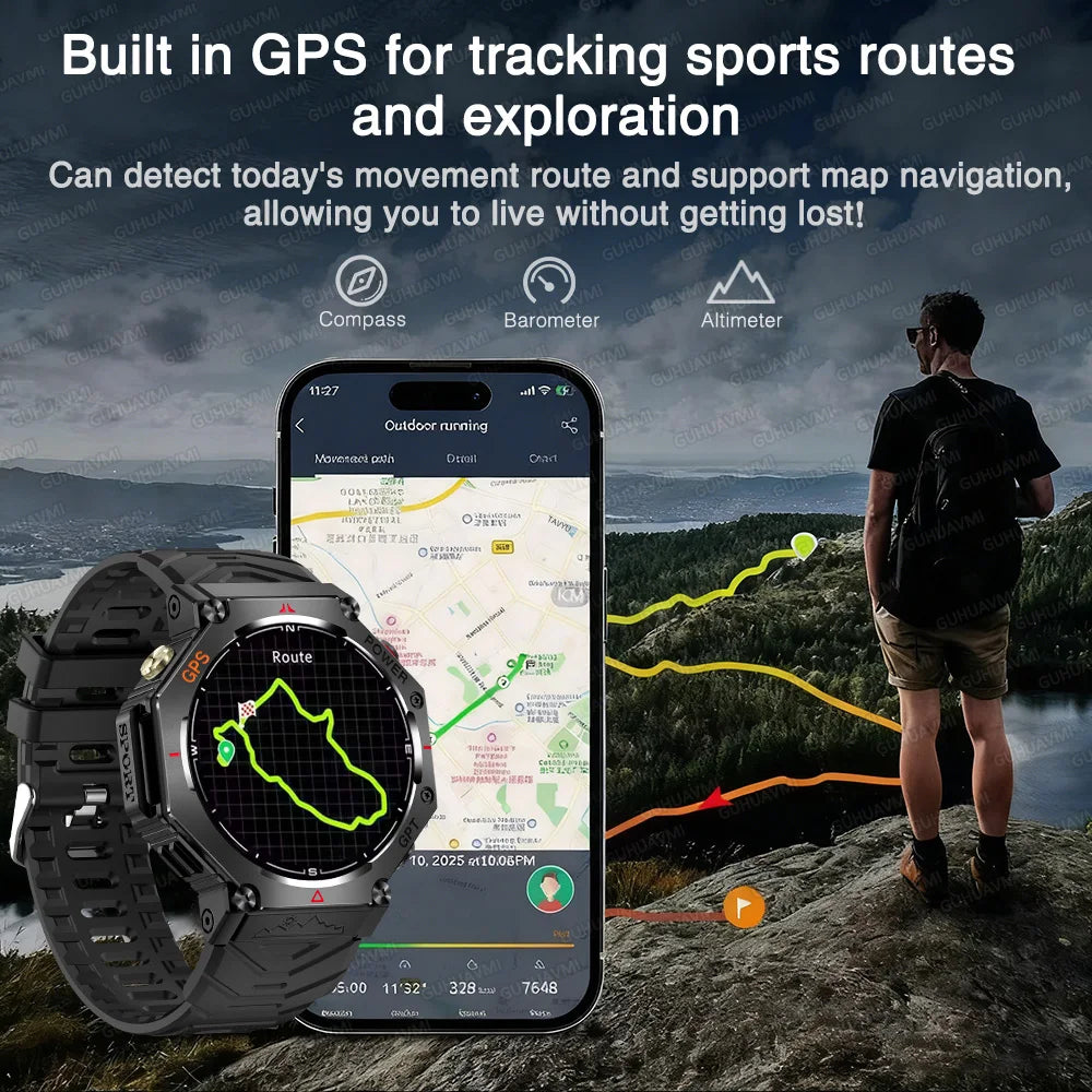 Military Grade GPS Smart Watch – IP69K/10ATM Waterproof AMOLED, 100+ Sports Modes, HD Bluetooth Calls