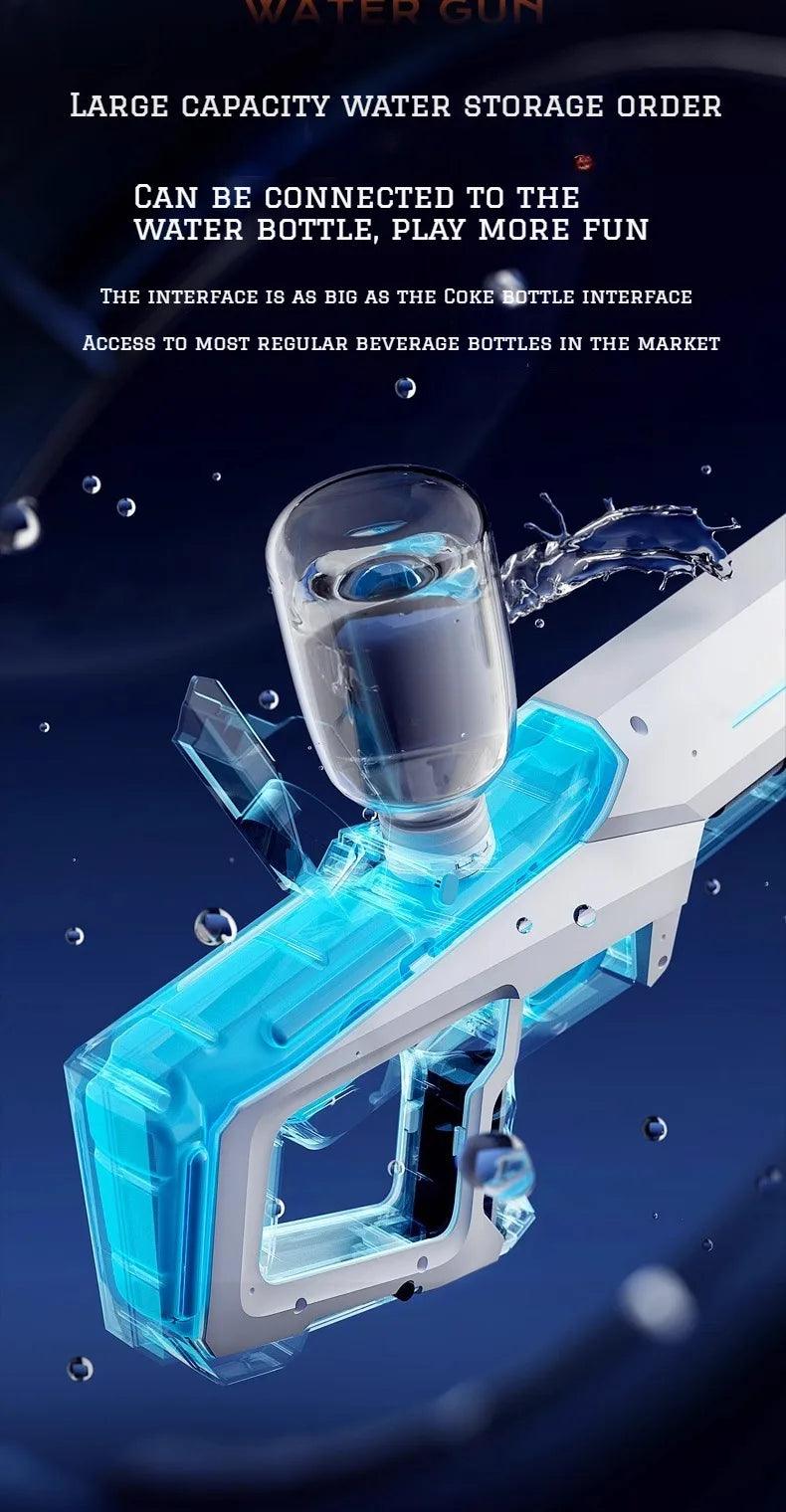 High-pressure electric water gun by Home Sweet Home, automatic soaker for kids and adults, with colorful design and water spray nozzle.
