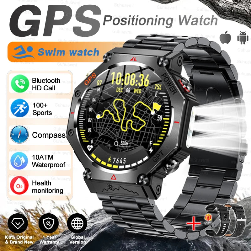 Military Grade GPS Smart Watch – IP69K/10ATM Waterproof AMOLED, 100+ Sports Modes, HD Bluetooth Calls