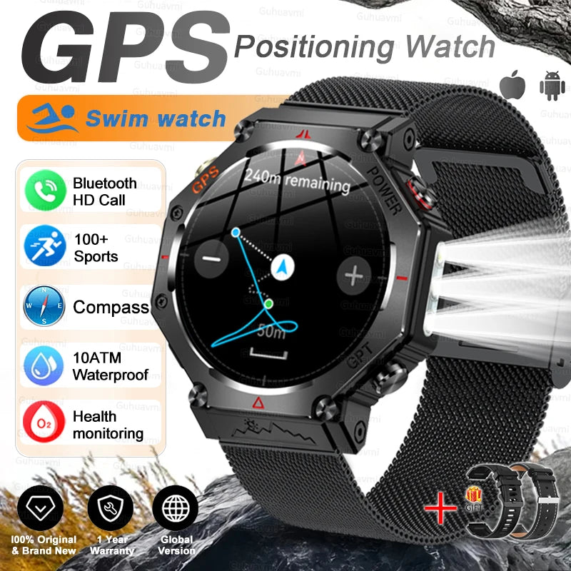 Military Grade GPS Smart Watch – IP69K/10ATM Waterproof AMOLED, 100+ Sports Modes, HD Bluetooth Calls