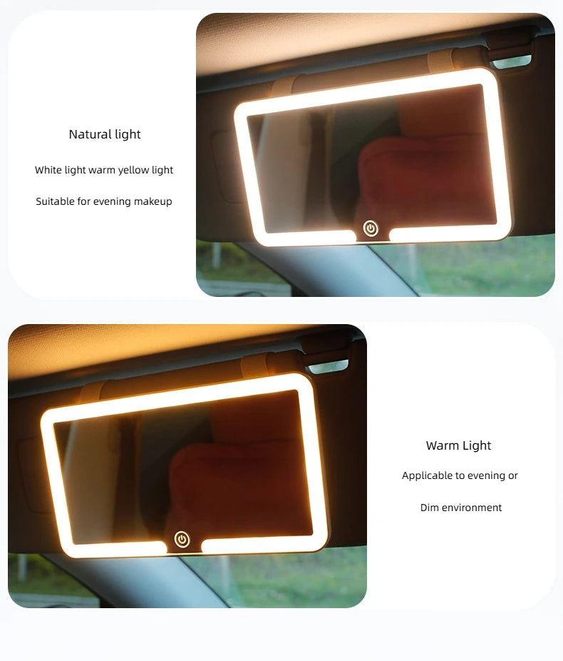 LED rechargeable car sun visor vanity mirror with built-in lighting, compact design, and Home Sweet Home branding.