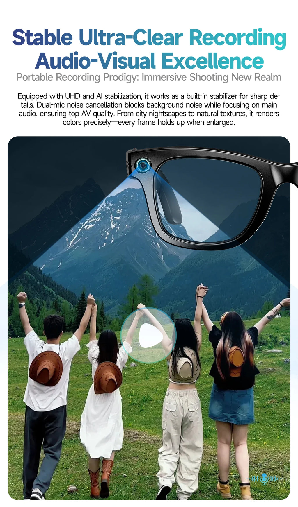 Home Sweet Home AI Smart Glasses with 8MP camera, Bluetooth, multilingual support, and ChatGPT 4.0 integration.