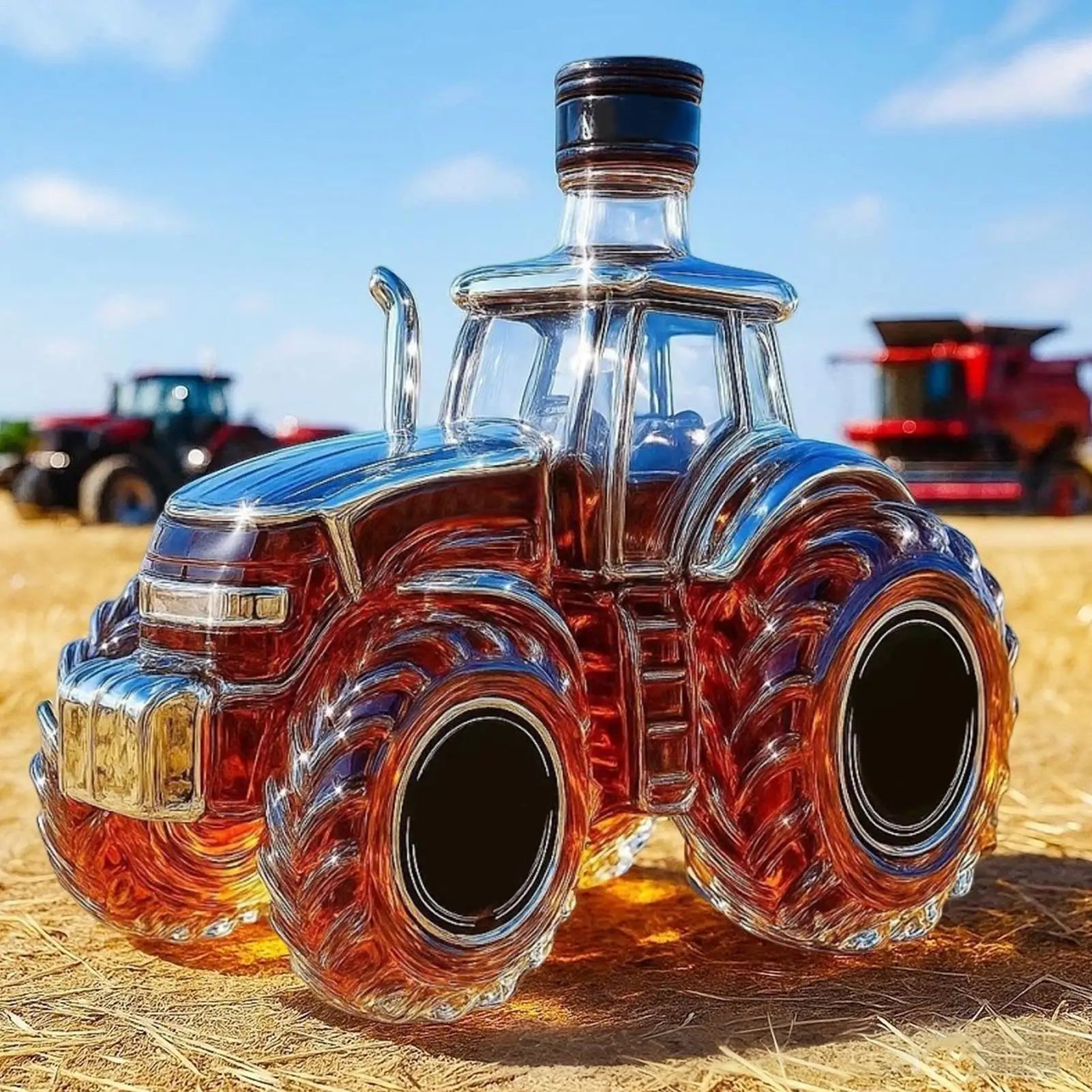 Glass tractor-shaped whiskey decanter bottle, 300ml capacity, detailed design by Home Sweet Home for storage or display.