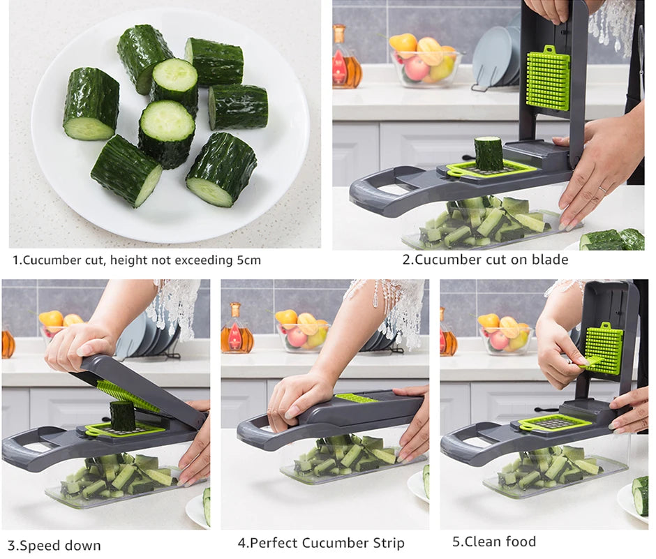 Home Sweet Home multifunctional vegetable chopper with stainless steel blades and a clear plastic container for easy food prep.